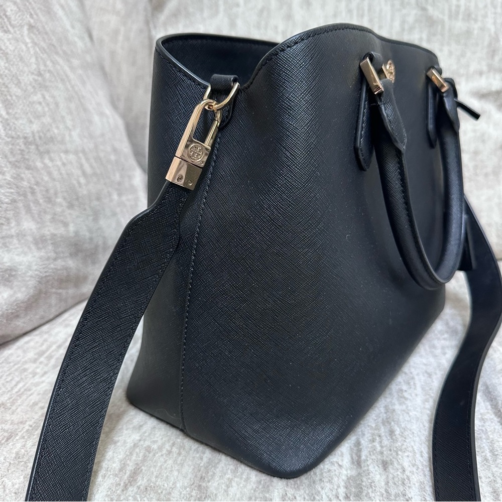 Tory Burch Robinson Medium Triple Compartment Black Leather Tote Bag - Picture 6 of 16